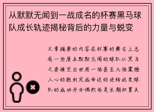 从默默无闻到一战成名的杯赛黑马球队成长轨迹揭秘背后的力量与蜕变