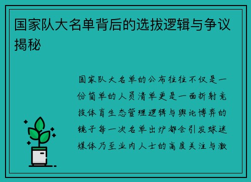 国家队大名单背后的选拔逻辑与争议揭秘